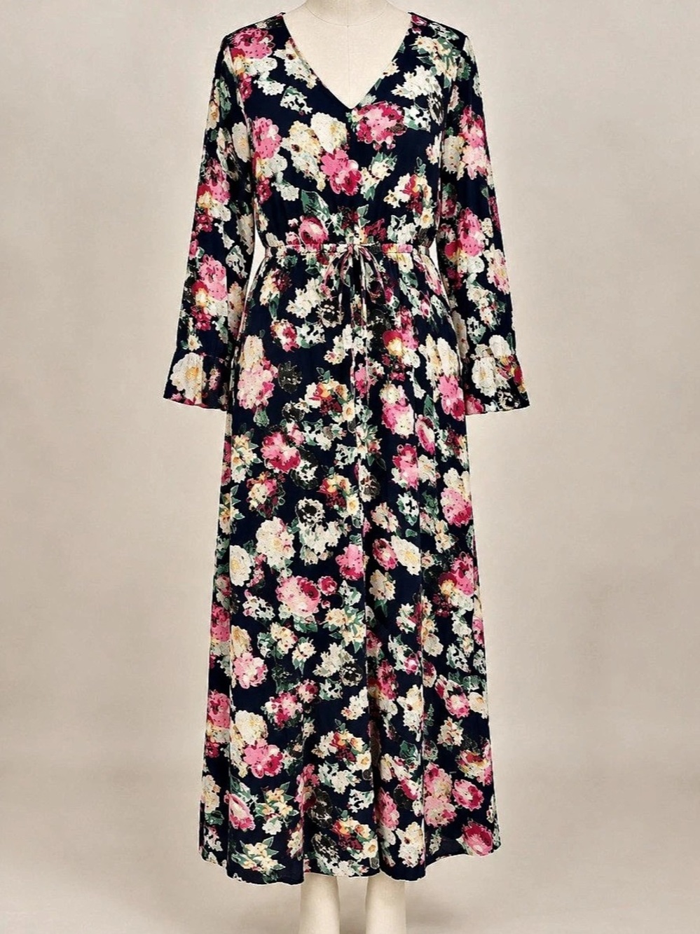 Umgee USA Size L Navy Floral Maxi Dress V Neck Long Sleeve Boho Drawstring